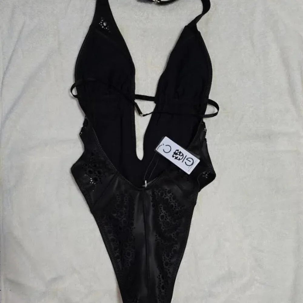 GIGI C Camilla Faux Leather One Piece. Black. Sz S. NWT. RP $280. SEXY! - Picture 7 of 10